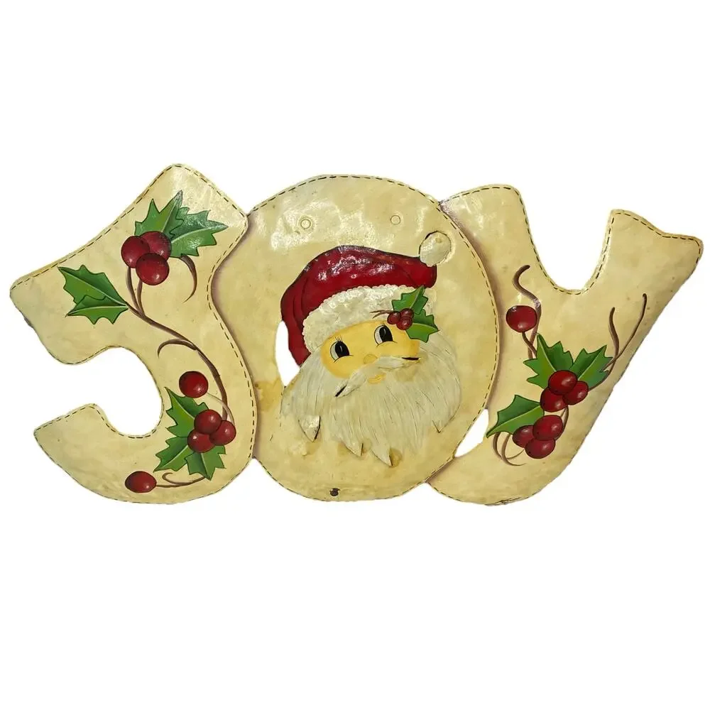 Vintage Christmas Cutout Metal Wall Art Decoration Joy Sign with Santa Face